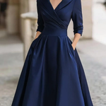 Elegant Black Satin Pleated V-neck A-line Midi Dress