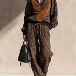 Tiger Print Faux Suede Patch Knit Two Piece Set