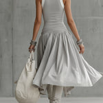 Gray Ribbed Tank Bodice Draped Midi Dress