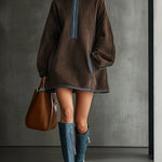 24-Hour-Shipping Brown Faux Suede Fleece High-Neck Zip-Up Oversized Mini Dress