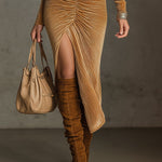 24-Hour-Shipping Camel Velvet Openwork Long Sleeve Bodycon Dress