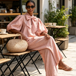 Blush Pink Linen-Blend Bow Tie Puff Sleeve Top & Wide-Leg Pants Set