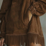 Brown Faux Suede Turtleneck Oversized Dress With Fringe Detail