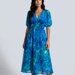 Phoebe Harrison | V-Neck Puff Sleeve Pleated Midi Dress For Women