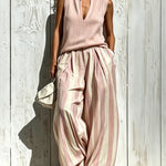 Pink Casual sleeveless top and loose striped trousers set