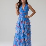 Nori | Halter Neck Ruched Bodice Floral Maxi Dress