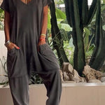 Casual V-neck Solid Color Jumpsuit