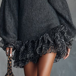 24-Hour-Shipping Gray Knit Mini Dress With Ruffled V-Neckline And Chiffon Hem