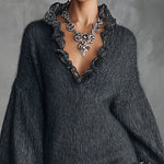 24-Hour-Shipping Gray Knit Mini Dress With Ruffled V-Neckline And Chiffon Hem