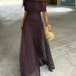 Brown One Shoulder Mesh Maxi Dress