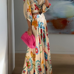 Vacation Tropical Floral Print Waist Tie Shirt & Maxi Skirt Boho Two Piece Set