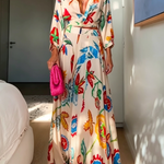 Vacation Tropical Floral Print Waist Tie Shirt & Maxi Skirt Boho Two Piece Set
