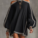 Black Boho Cold Shoulder Lantern Sleeve Linen Mini Dress