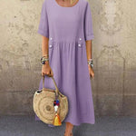 Zeagoo Women's Casual Loose Round Neck Cotton Linen Long Dresses with Pockets