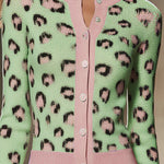 Green Leopard Print Button Up Cardigan With Pink Trim
