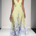 Light Blue Floral Chiffon V Neck Sleeveless A-Line Maxi Dress