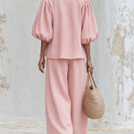 Blush Pink Linen-Blend Bow Tie Puff Sleeve Top & Wide-Leg Pants Set