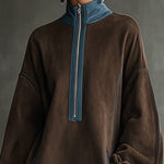 24-Hour-Shipping Brown Faux Suede Fleece High-Neck Zip-Up Oversized Mini Dress