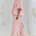 Blush Pink Linen-Blend Bow Tie Puff Sleeve Top & Wide-Leg Pants Set