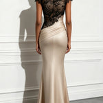 Champagne-colored satin mermaid gown with black lace
