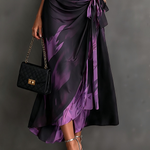 Red Black Abstract Print Wrap Midi Dress Collared V Neck Short Sleeve Tie Waist Ruffled High‑Low Hem Dress