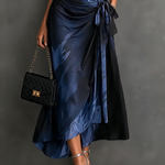 Blue Black Abstract Print Wrap Midi Dress Collared V Neck Short Sleeve Tie Waist Ruffled High‑Low Hem Dress