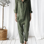 Zeagoo Women's Casual Lapel Pocket Long Sleeve Solid Color Cotton Jumpsuit