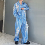 Blue Striped 3D Floral Striped Stage Shirt and Casual Pants Two-piece Set