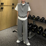 Hooded Shoulder Padded Vest Loose Sports Pants Two-Piece Set
