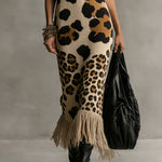 24-Hour-Shipping Brown Irregular Leopard Print Knitted Tassel Sleeveless Maxi Dress