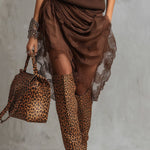 24-Hour-Shipping Chocolate Knit Off Shoulder Tulle Long Sleeve Midi Dress