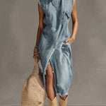 Blue Washed Denim Sleeveless High Neck Frayed Dress