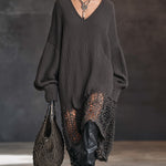 24-Hour-Shipping Charcoal Gray V-Neck Knit Mesh Long Sleeve Midi Dress