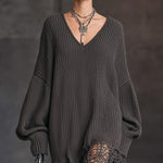 24-Hour-Shipping Charcoal Gray V-Neck Knit Mesh Long Sleeve Midi Dress
