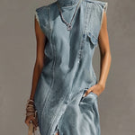 Blue Washed Denim Sleeveless High Neck Frayed Dress