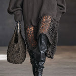 24-Hour-Shipping Charcoal Gray V-Neck Knit Mesh Long Sleeve Midi Dress