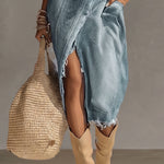 Blue Washed Denim Sleeveless High Neck Frayed Dress