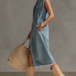 Blue Washed Denim Sleeveless High Neck Frayed Dress
