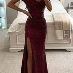 Party Sequin Off-Shoulder Slit Dress