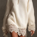 24-Hour-Shipping White Turtleneck Knit Mini Dress With Lace Trim