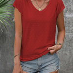 Zeagoo V Neck Eyelet T Shirts Cap Sleeve Tops