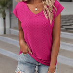 Zeagoo V Neck Eyelet T Shirts Cap Sleeve Tops