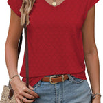 Zeagoo V Neck Eyelet T Shirts Cap Sleeve Tops