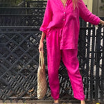 Casual Solid Color V-Neck Shirt & Pants Cotton Linen Two-Piece Set