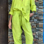 Casual Solid Color V-Neck Shirt & Pants Cotton Linen Two-Piece Set