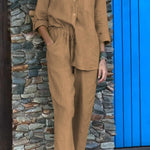 Casual Solid Color V-Neck Shirt & Pants Cotton Linen Two-Piece Set