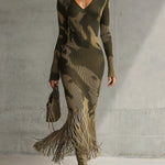 Yohers Olive Camo Knit V-Neck Fringe Hem Bodycon Dress