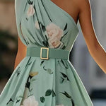 Light Green Floral Ruched One Shoulder A-Line Maxi Chiffon Dress