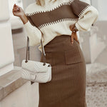Zeagoo Women's Casual Ribbed Two-piece Set, Color Block Knit Sweater & Solid Midi Sweater Skirts Outfits