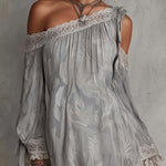 Light Gray Paisley Print Chiffon One Shoulder Lace Trim Mini Dress